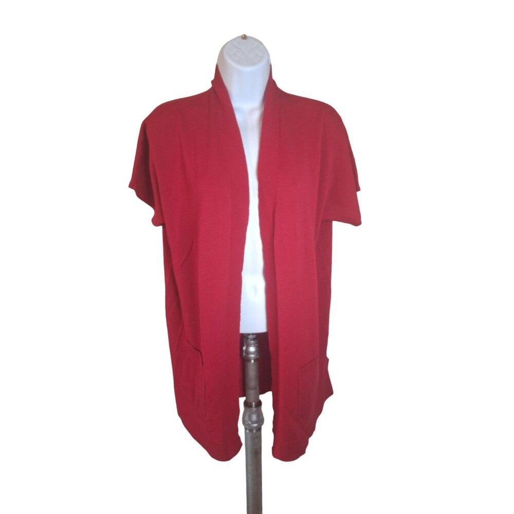 Chicos Womens Open Front Cardigan Small Red Short Sleeve Sweater Pockets Normcor